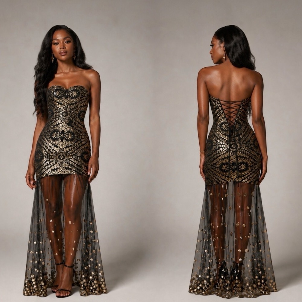 Black Gold Baroque Corset Lace Up Strapless Mini Dress Sheer Train L